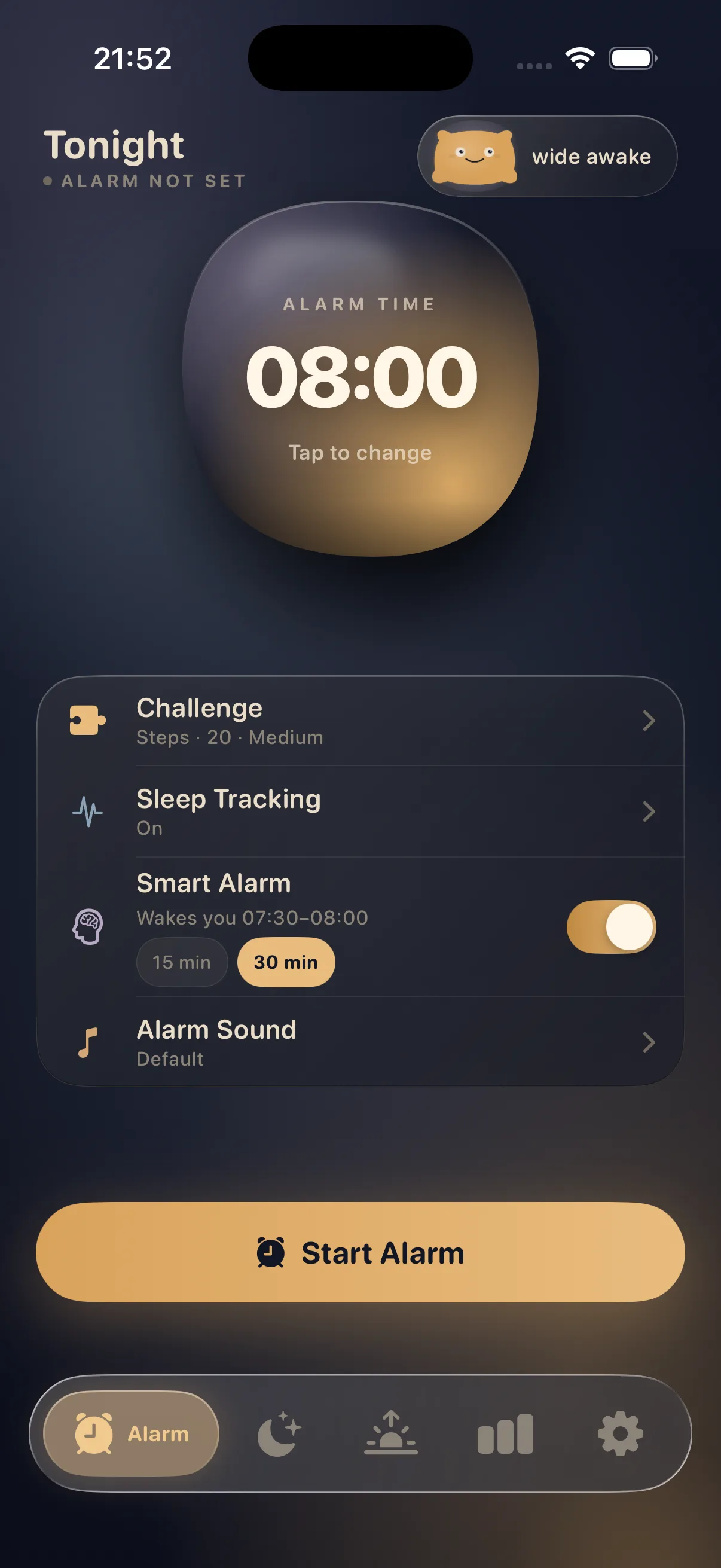ActiWake alarm screen with wake time, challenge, sleep tracking and smart alarm controls
