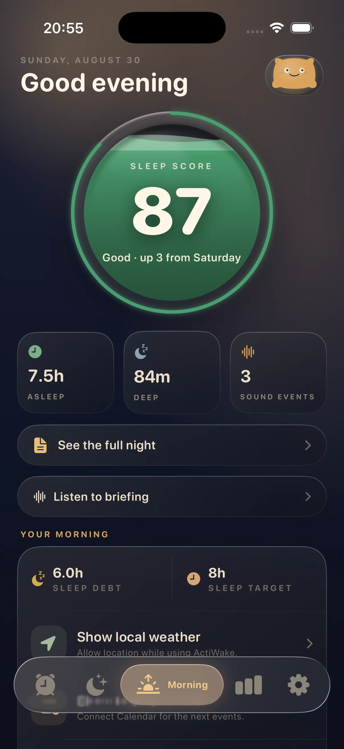 ActiWake morning screen with sleep score, duration, deep sleep, sound events and sleep debt