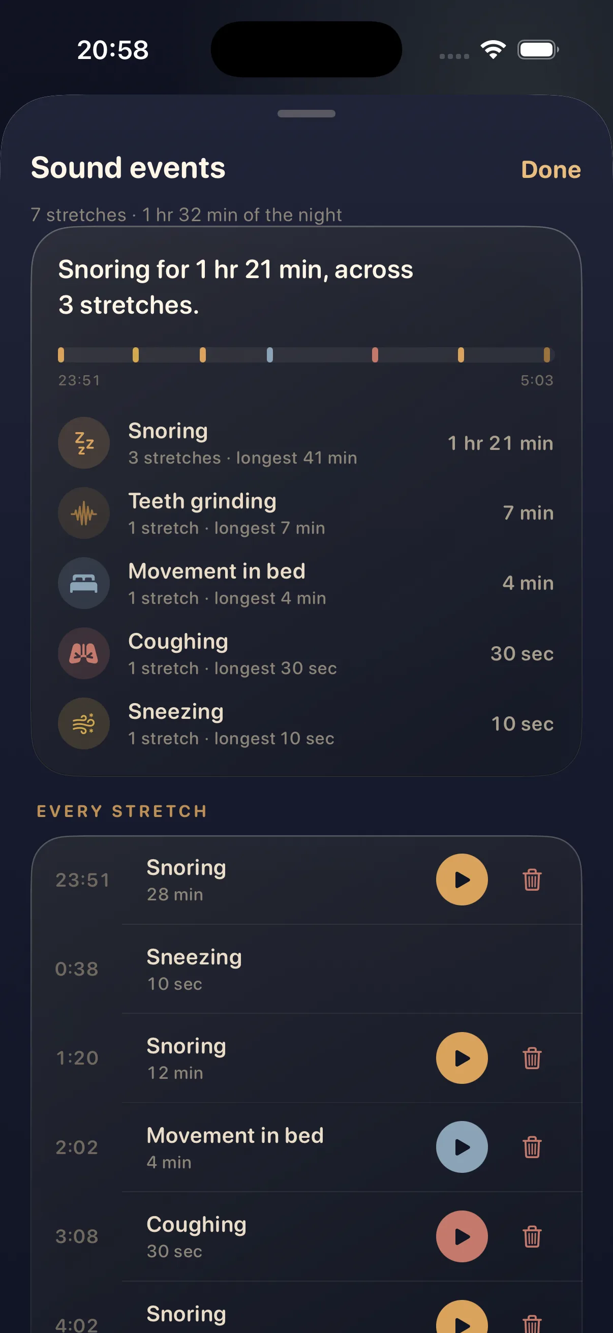 ActiWake sleep sound report showing detected event stretches